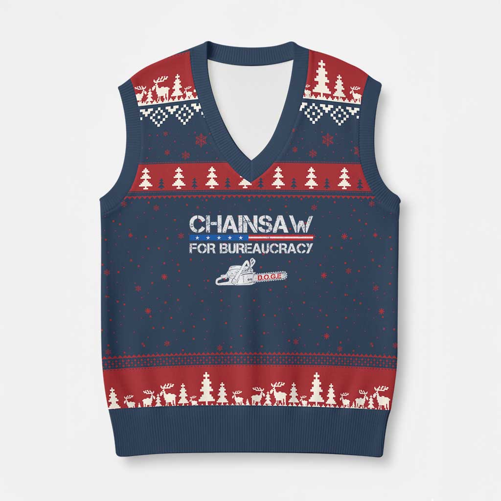 Chainsaw For Bureaucracy V-Neck Knit Sweater Vest DOGE Department Of Government - Wonder Print Shop