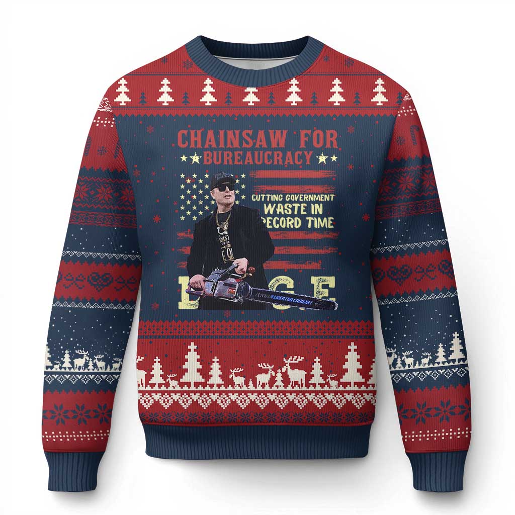 Chainsaw For Bureaucracy Ugly Christmas Sweater Cutting Government Waste In Record Time DOGE - Wonder Print Shop