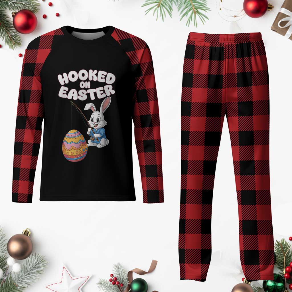 Cute Bunny Fishing Plaid Pajama Set Hooked for Easter Eggs Funny Holiday - Wonder Print Shop