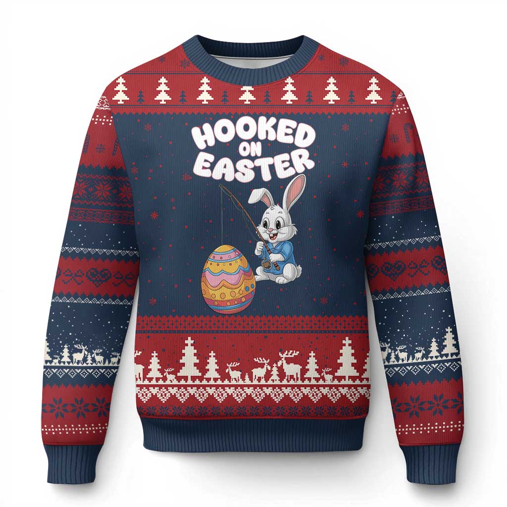 Cute Bunny Fishing Ugly Christmas Sweater Hooked for Easter Eggs Funny Holiday - Wonder Print Shop