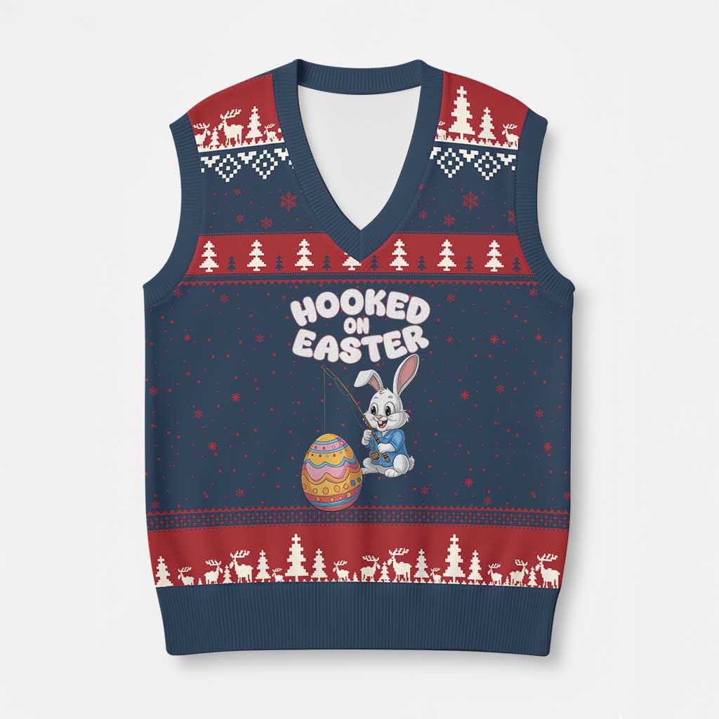 Cute Bunny Fishing V-Neck Knit Sweater Vest Hooked for Easter Eggs Funny Holiday - Wonder Print Shop