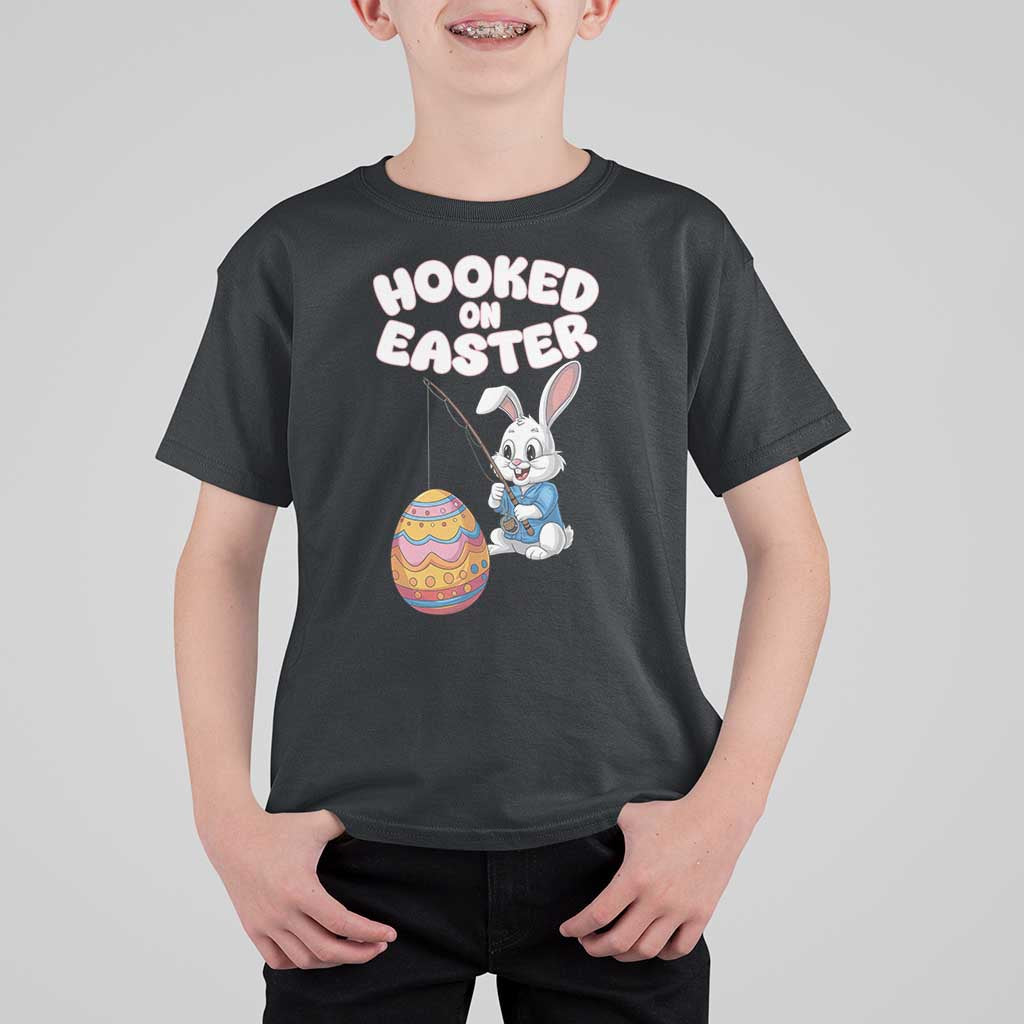 Cute Bunny Fishing T Shirt For Kid Hooked for Easter Eggs Funny Holiday