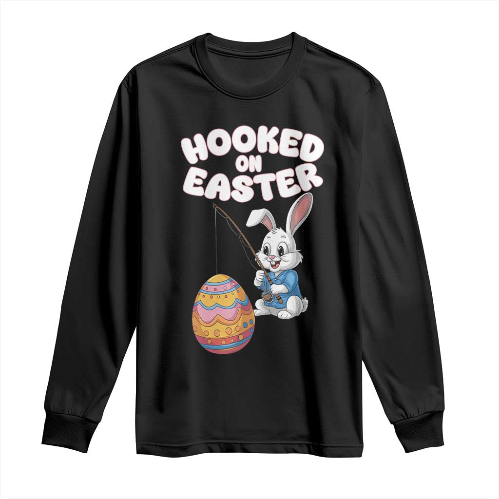Cute Bunny Fishing Long Sleeve Shirt Hooked for Easter Eggs Funny Holiday