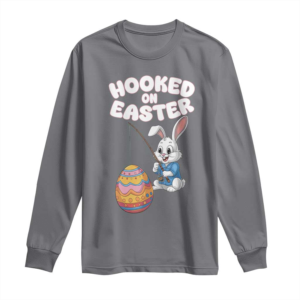 Cute Bunny Fishing Long Sleeve Shirt Hooked for Easter Eggs Funny Holiday