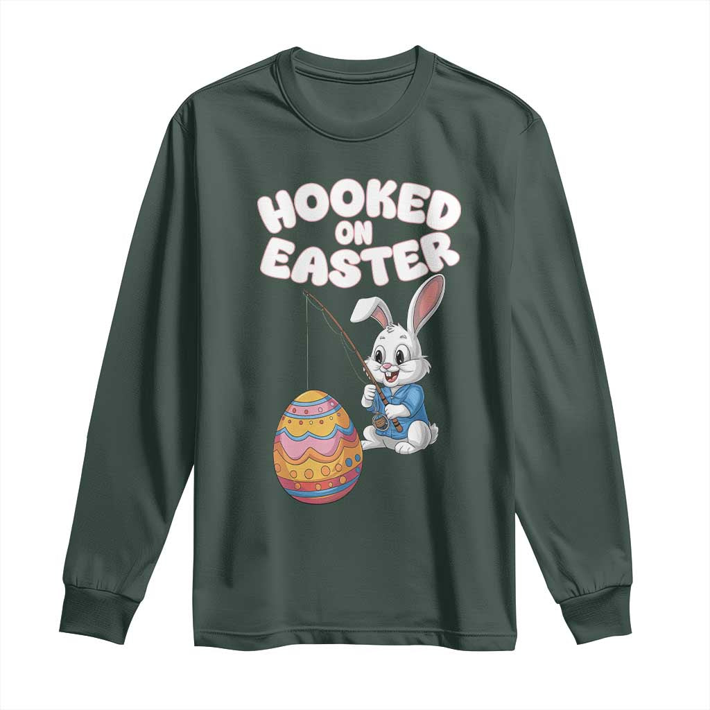 Cute Bunny Fishing Long Sleeve Shirt Hooked for Easter Eggs Funny Holiday