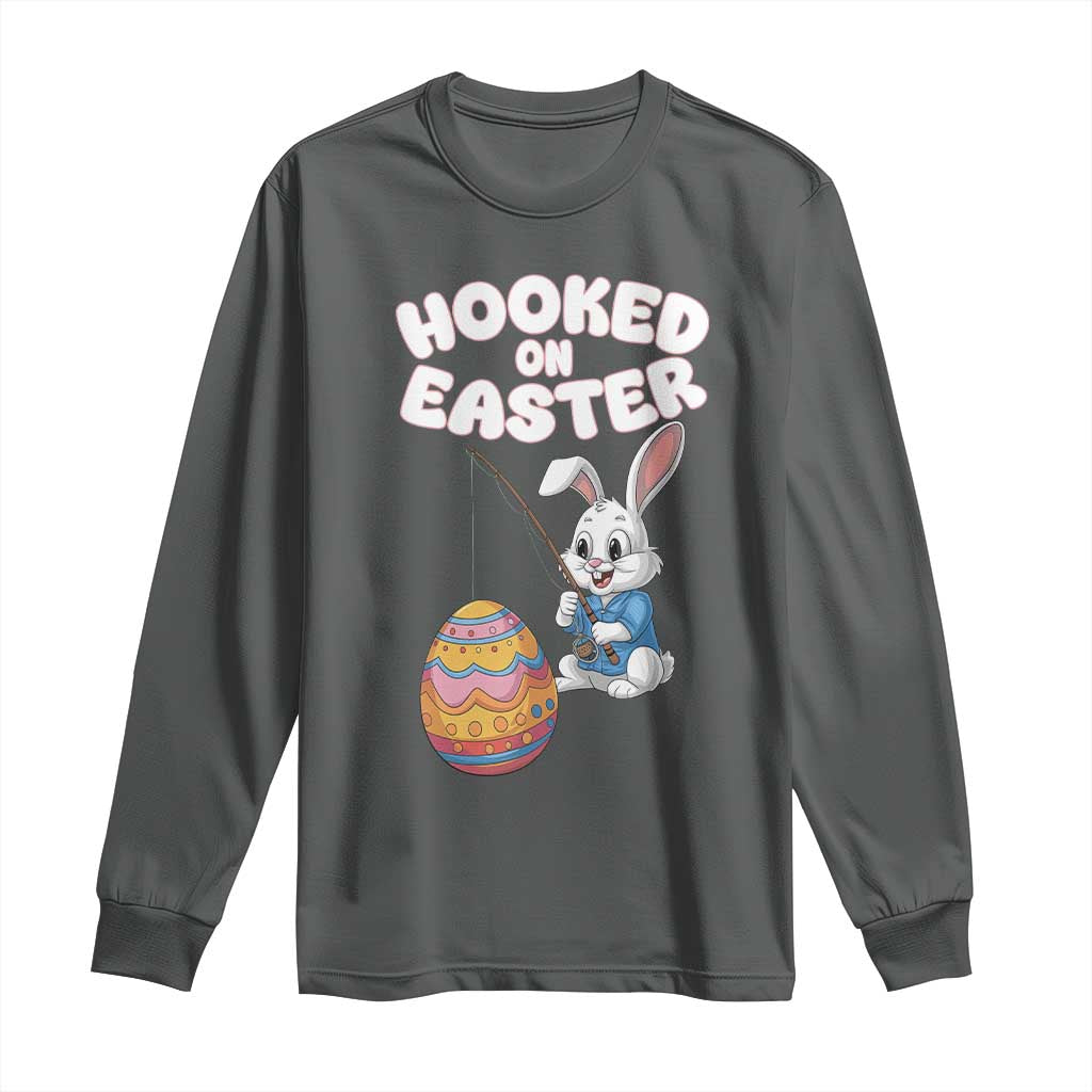 Cute Bunny Fishing Long Sleeve Shirt Hooked for Easter Eggs Funny Holiday