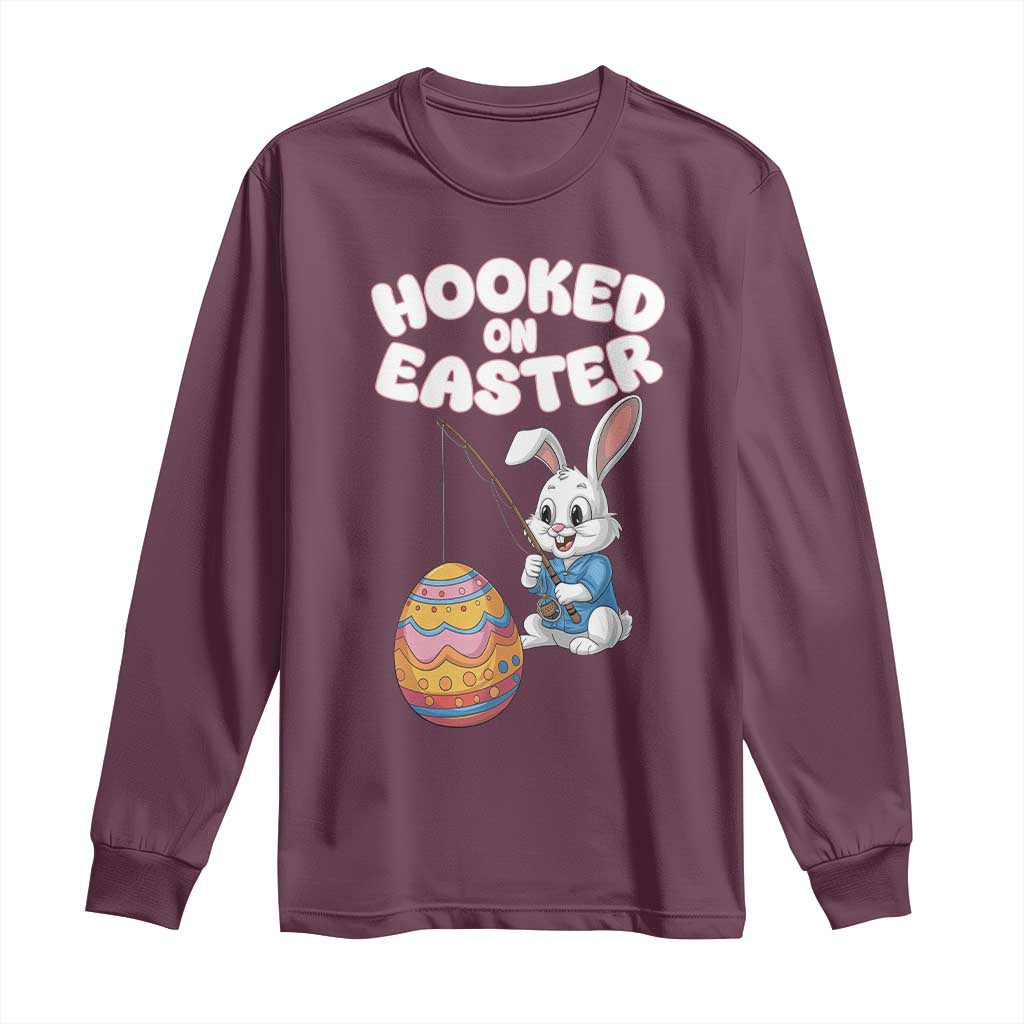 Cute Bunny Fishing Long Sleeve Shirt Hooked for Easter Eggs Funny Holiday
