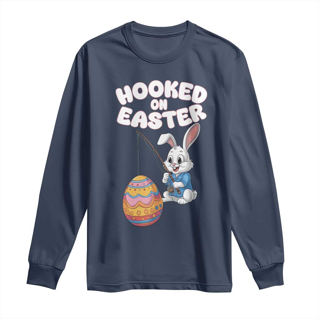 Cute Bunny Fishing Long Sleeve Shirt Hooked for Easter Eggs Funny Holiday
