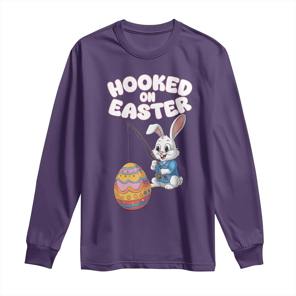 Cute Bunny Fishing Long Sleeve Shirt Hooked for Easter Eggs Funny Holiday