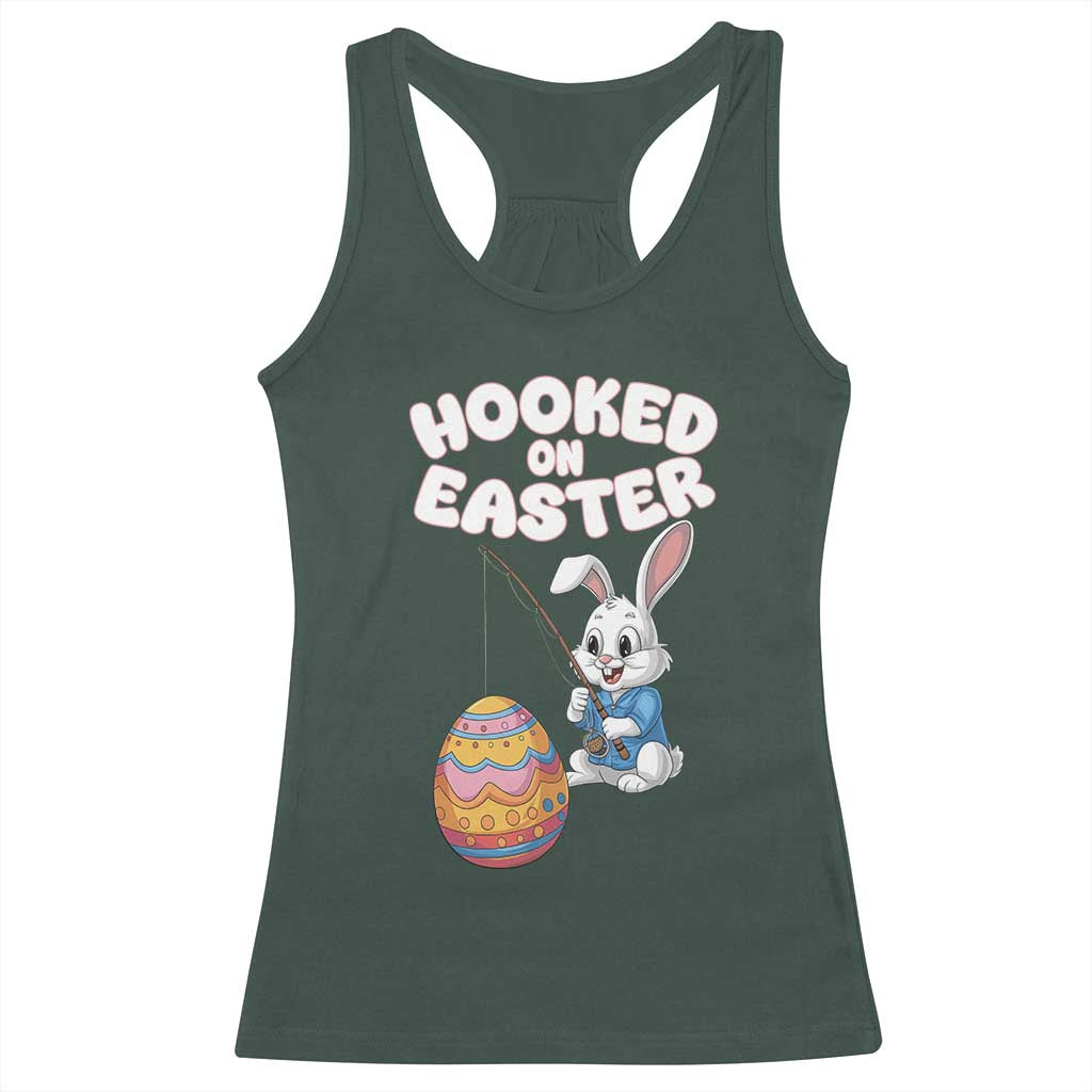 Cute Bunny Fishing Racerback Tank Top Hooked for Easter Eggs Funny Holiday
