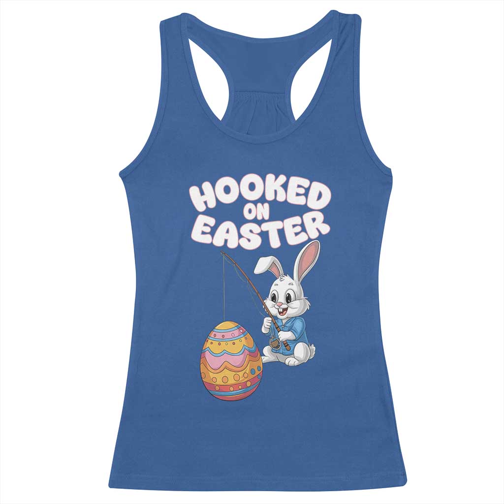 Cute Bunny Fishing Racerback Tank Top Hooked for Easter Eggs Funny Holiday