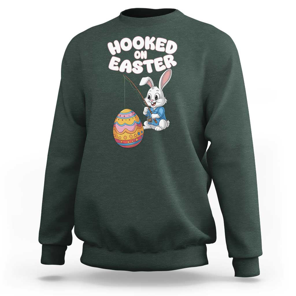 Cute Bunny Fishing Sweatshirt Hooked for Easter Eggs Funny Holiday