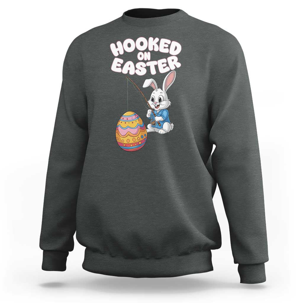 Cute Bunny Fishing Sweatshirt Hooked for Easter Eggs Funny Holiday