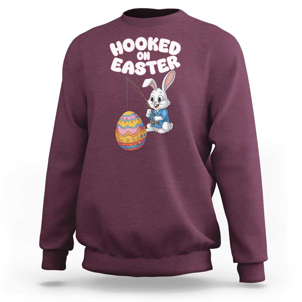 Cute Bunny Fishing Sweatshirt Hooked for Easter Eggs Funny Holiday