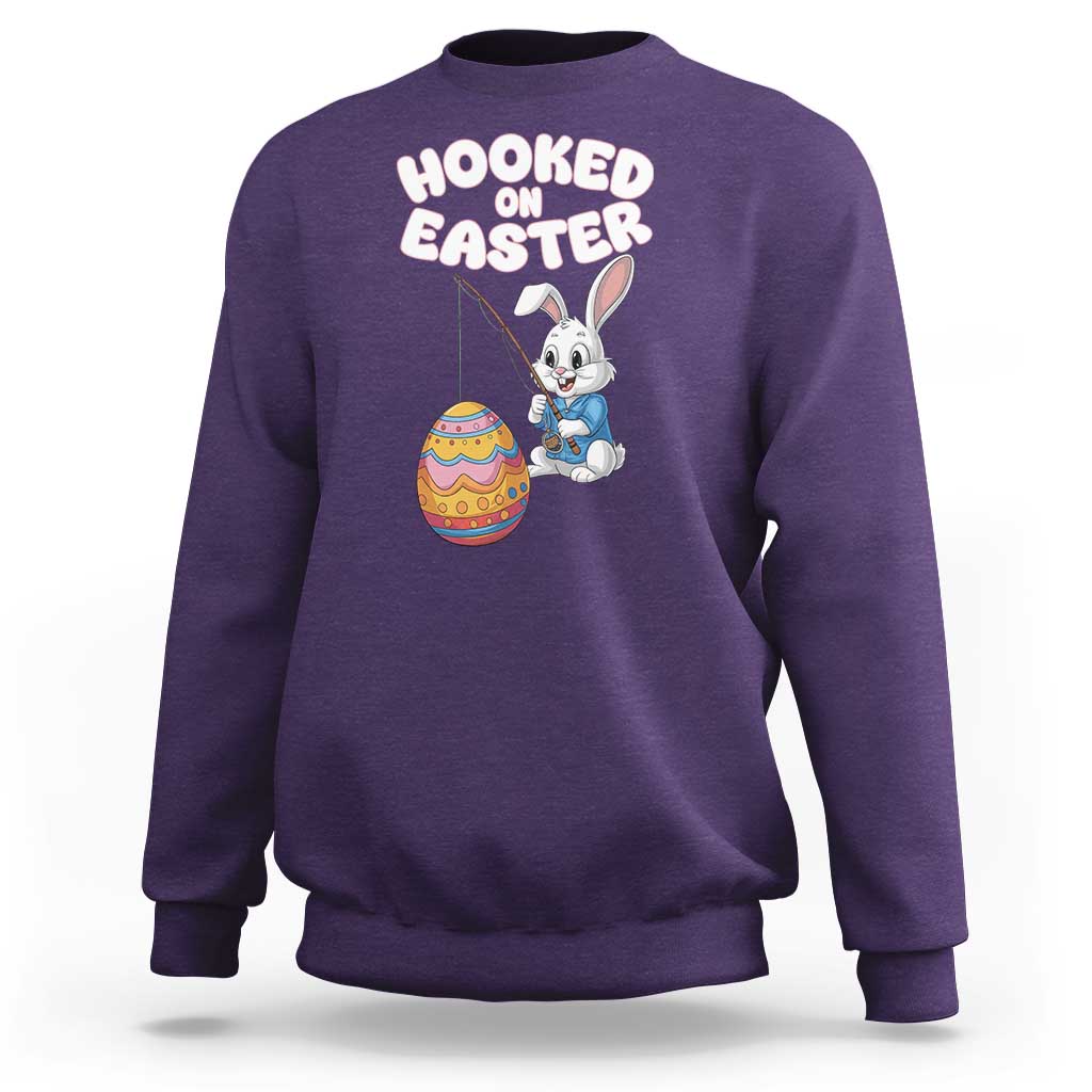 Cute Bunny Fishing Sweatshirt Hooked for Easter Eggs Funny Holiday
