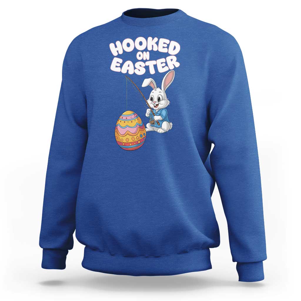 Cute Bunny Fishing Sweatshirt Hooked for Easter Eggs Funny Holiday