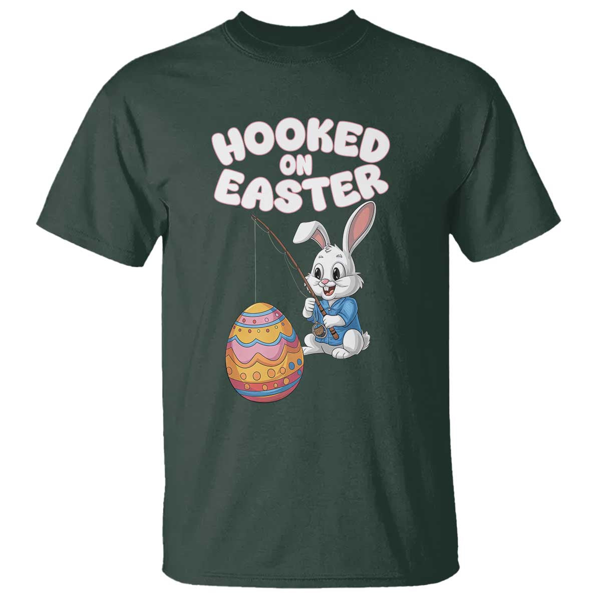 Cute Bunny Fishing T Shirt Hooked for Easter Eggs Funny Holiday