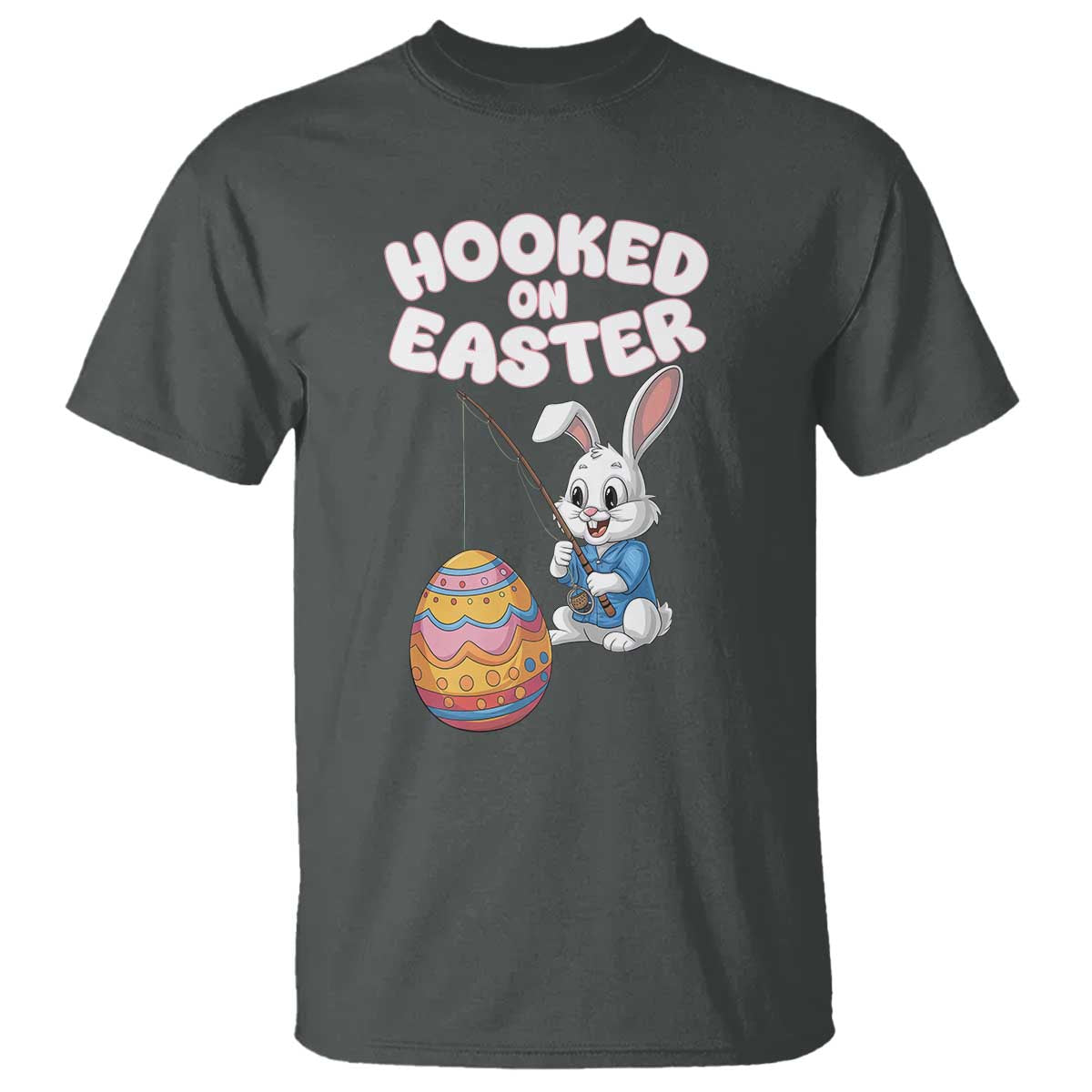 Cute Bunny Fishing T Shirt Hooked for Easter Eggs Funny Holiday