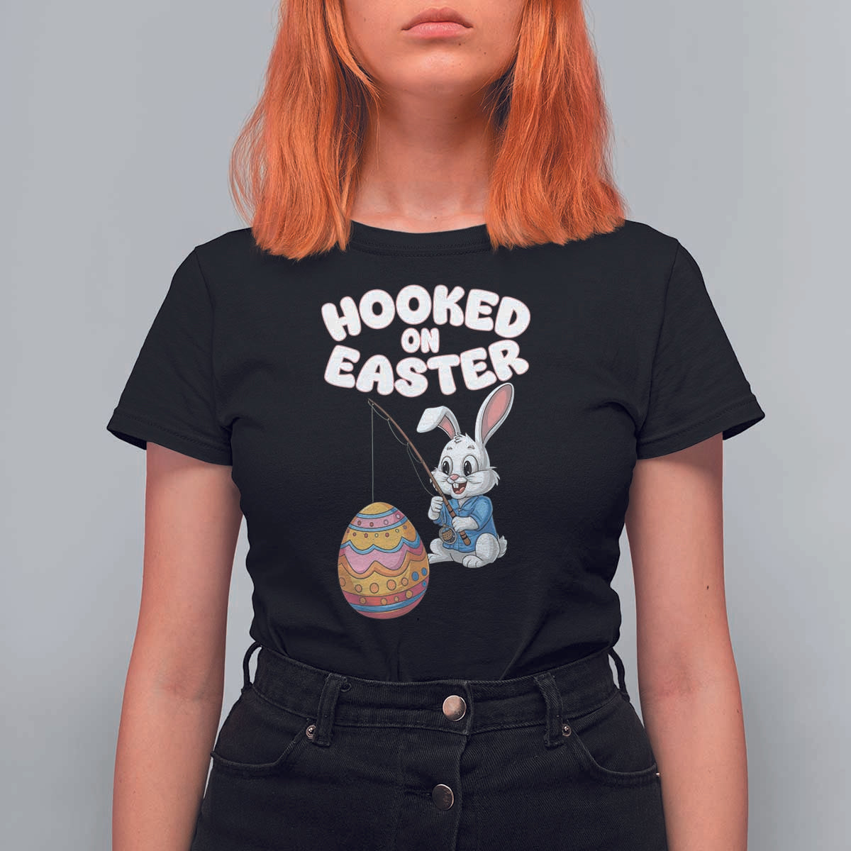 Cute Bunny Fishing T Shirt For Women Hooked for Easter Eggs Funny Holiday