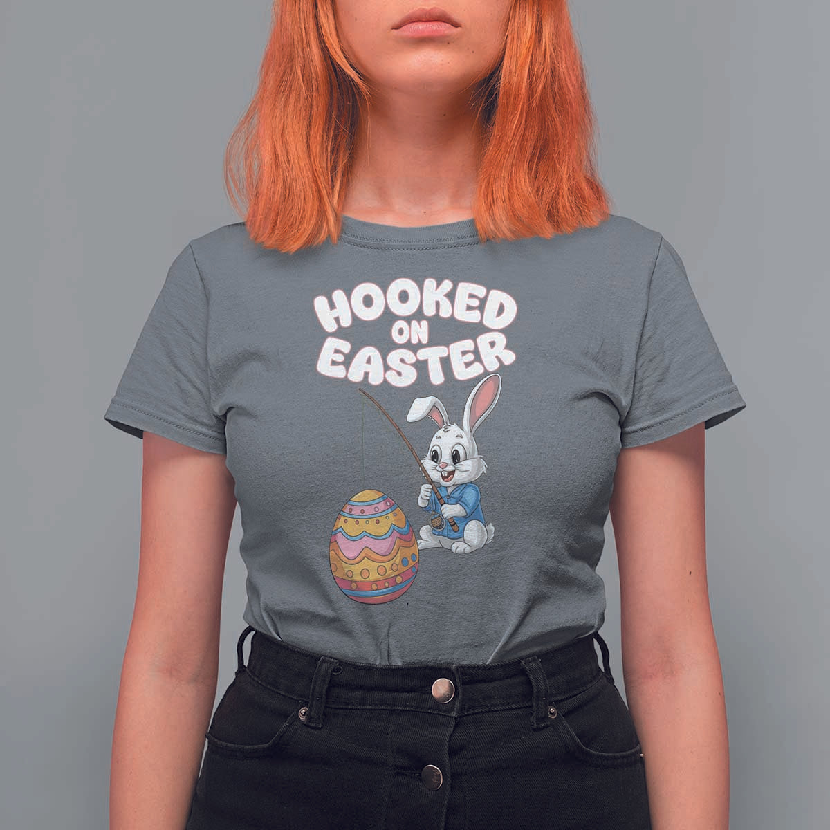 Cute Bunny Fishing T Shirt For Women Hooked for Easter Eggs Funny Holiday