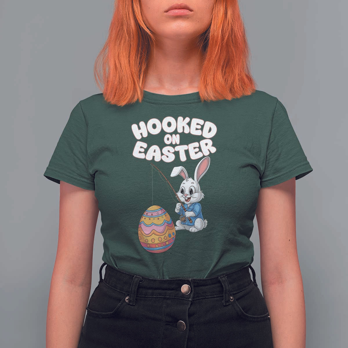 Cute Bunny Fishing T Shirt For Women Hooked for Easter Eggs Funny Holiday