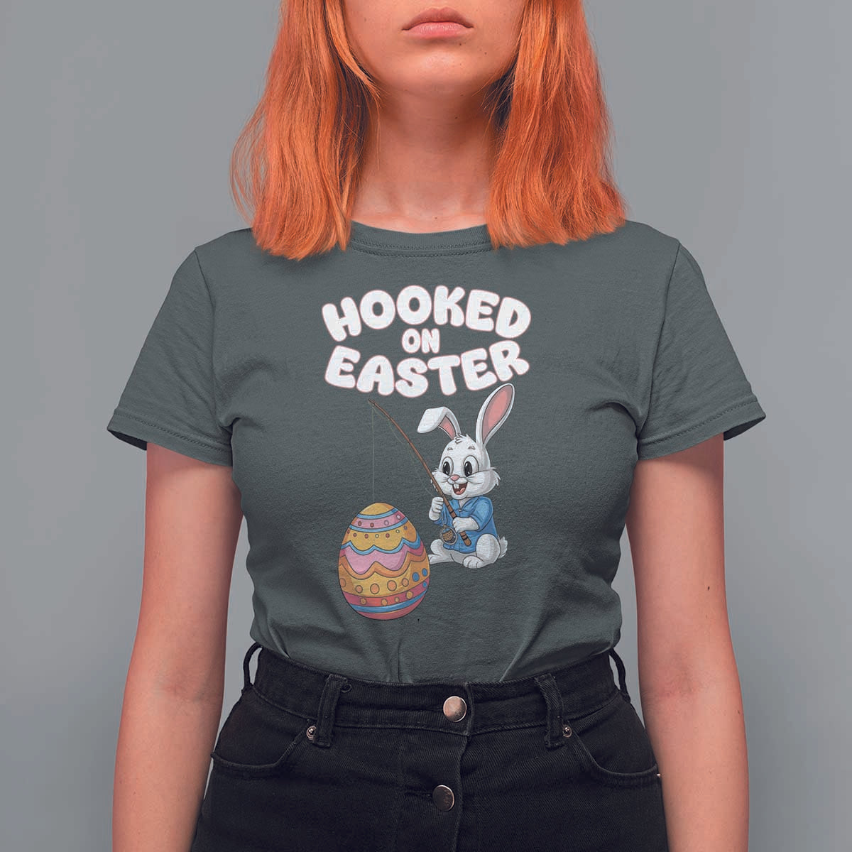 Cute Bunny Fishing T Shirt For Women Hooked for Easter Eggs Funny Holiday