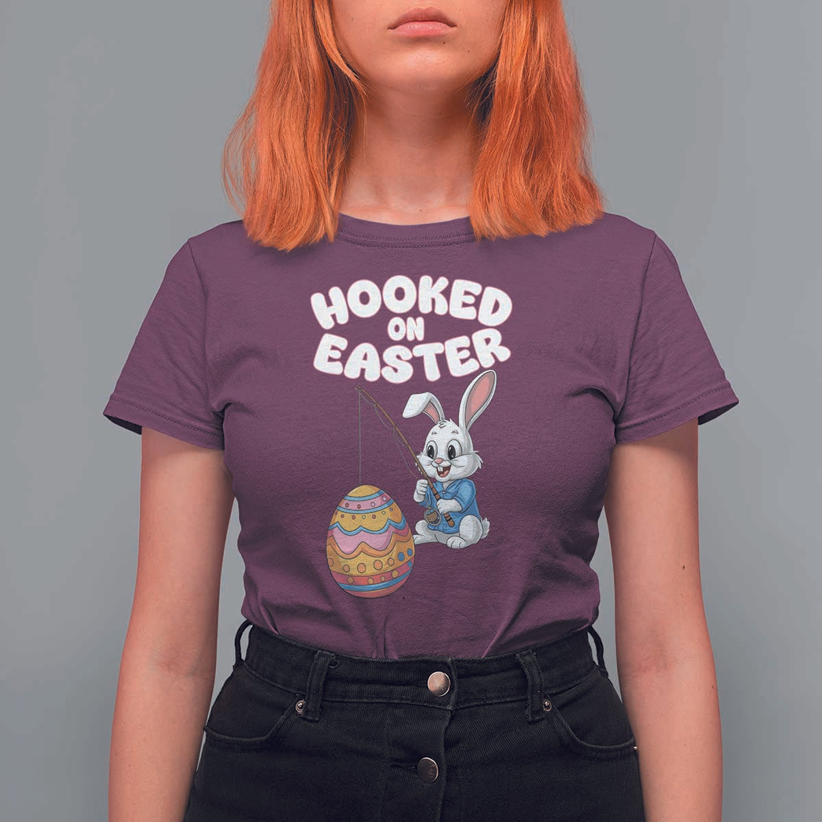 Cute Bunny Fishing T Shirt For Women Hooked for Easter Eggs Funny Holiday