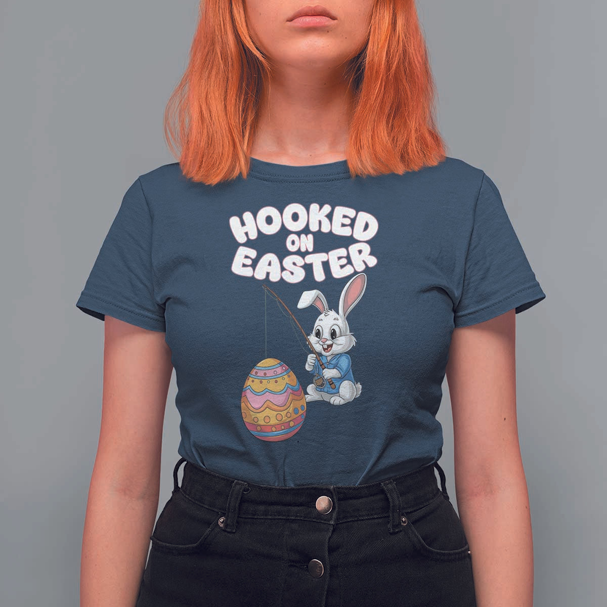 Cute Bunny Fishing T Shirt For Women Hooked for Easter Eggs Funny Holiday