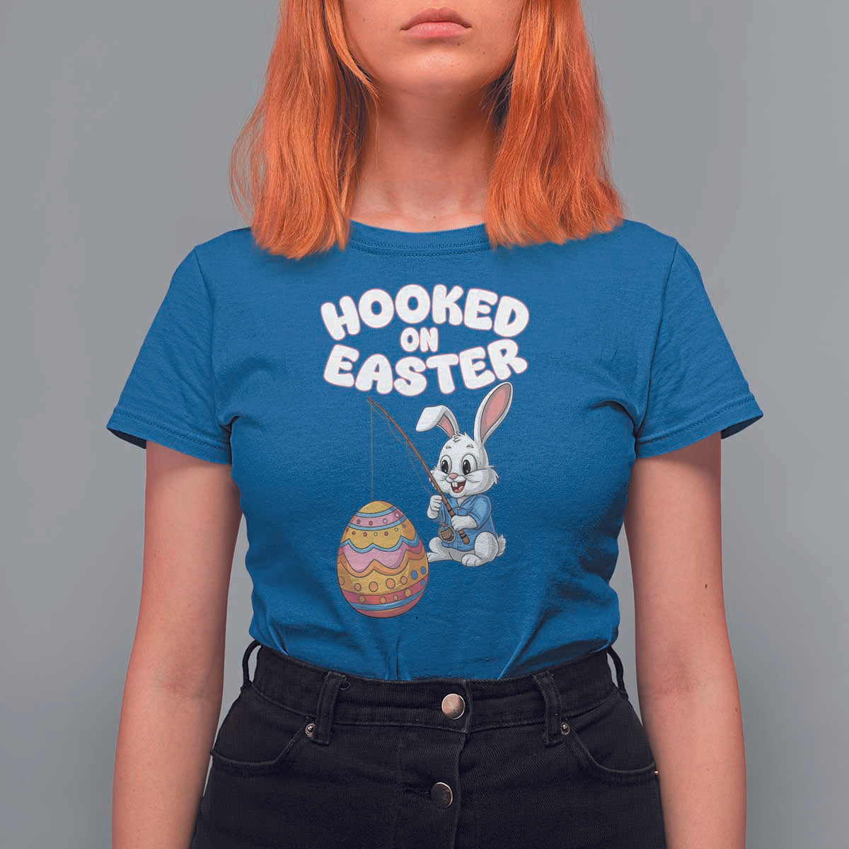 Cute Bunny Fishing T Shirt For Women Hooked for Easter Eggs Funny Holiday