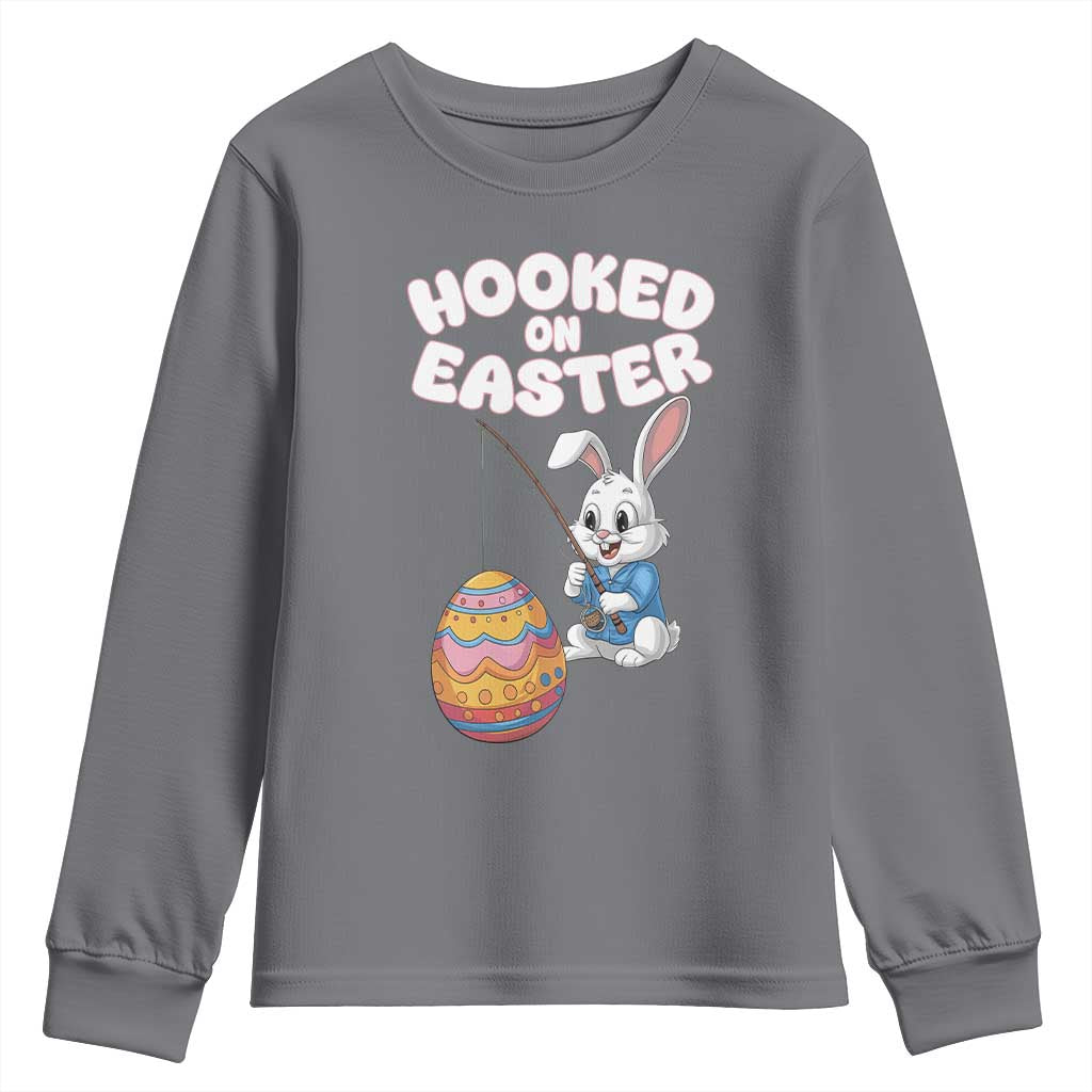 Cute Bunny Fishing Youth Sweatshirt Hooked for Easter Eggs Funny Holiday