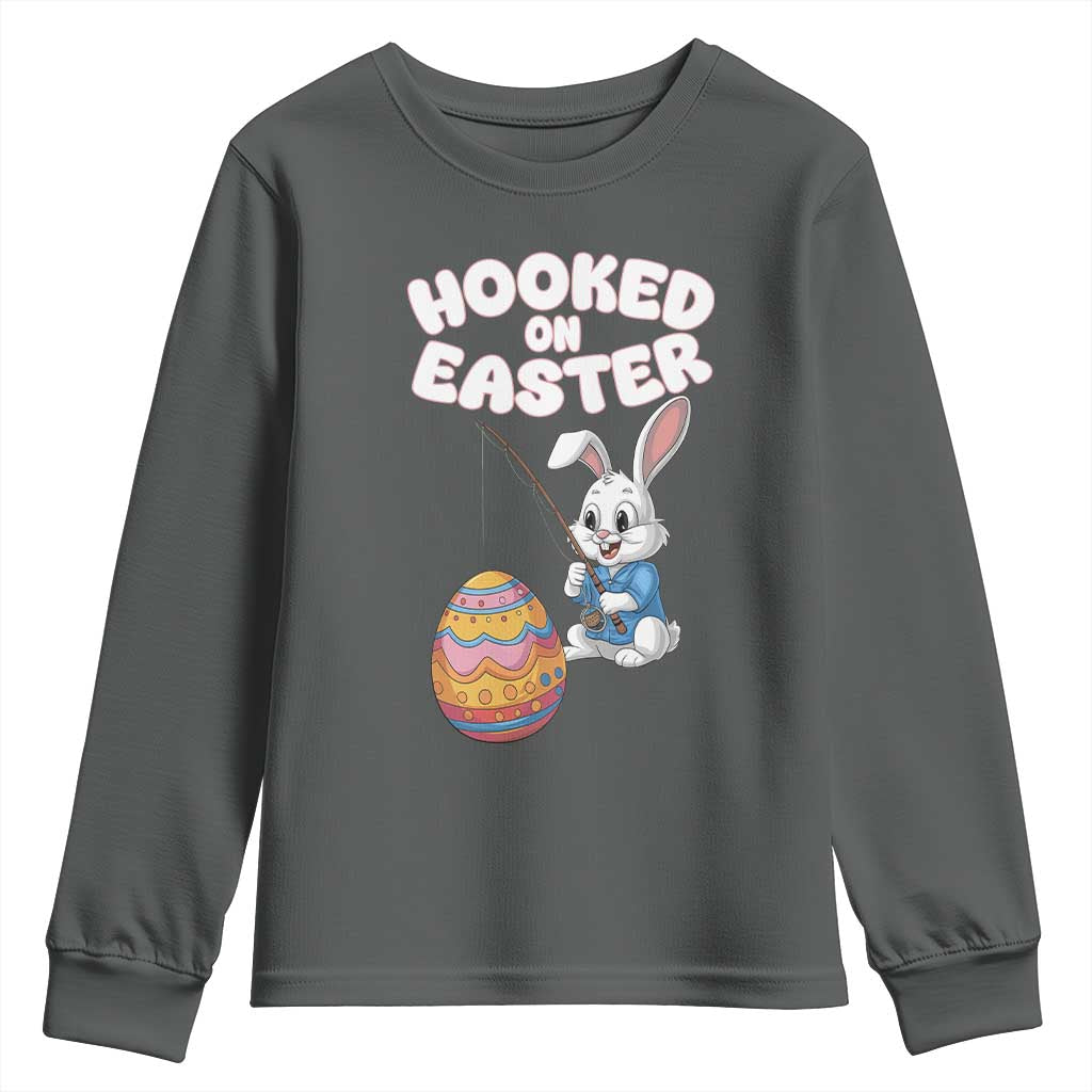 Cute Bunny Fishing Youth Sweatshirt Hooked for Easter Eggs Funny Holiday