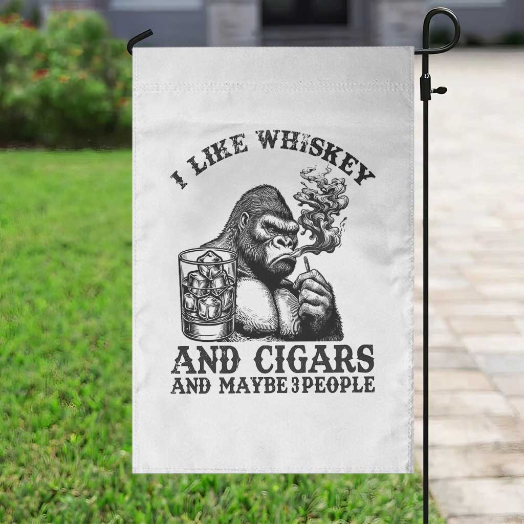 I Like Whiskey and Cigars and Maybe 3 People Garden Flag Funny Bigfoot Drinking and Cigarette Anti-Social Humor