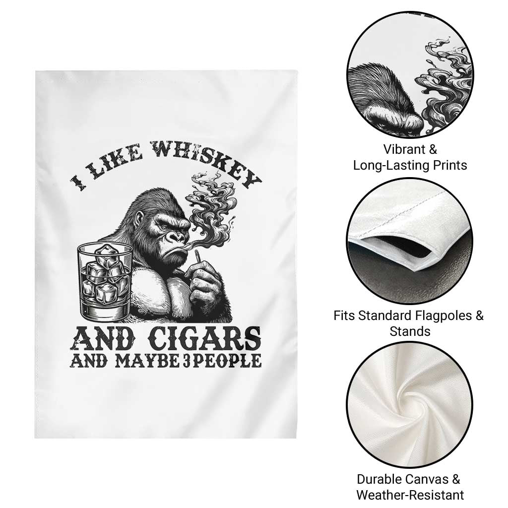 I Like Whiskey and Cigars and Maybe 3 People Garden Flag Funny Bigfoot Drinking and Cigarette Anti-Social Humor