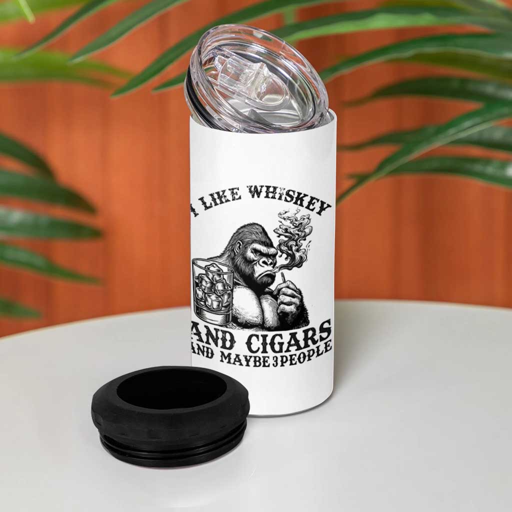 I Like Whiskey and Cigars and Maybe 3 People 4 in 1 Can Cooler Tumbler Funny Bigfoot Drinking and Cigarette Anti-Social Humor