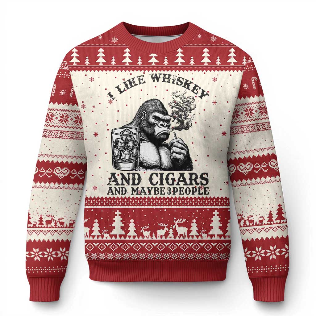 I Like Whiskey and Cigars and Maybe 3 People Ugly Christmas Sweater Funny Bigfoot Drinking and Cigarette Anti-Social Humor