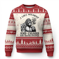 I Like Whiskey and Cigars and Maybe 3 People Ugly Christmas Sweater Funny Bigfoot Drinking and Cigarette Anti-Social Humor
