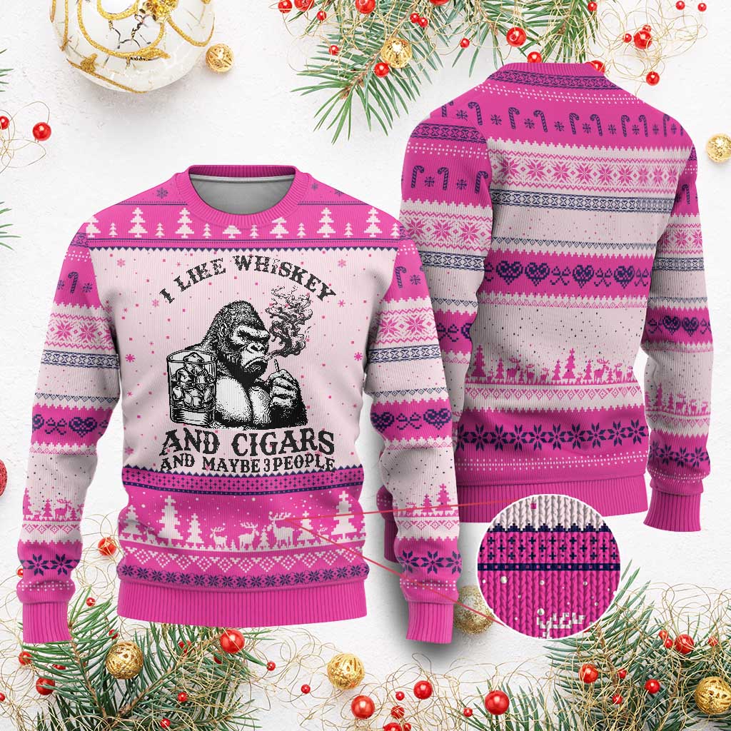 I Like Whiskey and Cigars and Maybe 3 People Ugly Christmas Sweater Funny Bigfoot Drinking and Cigarette Anti-Social Humor
