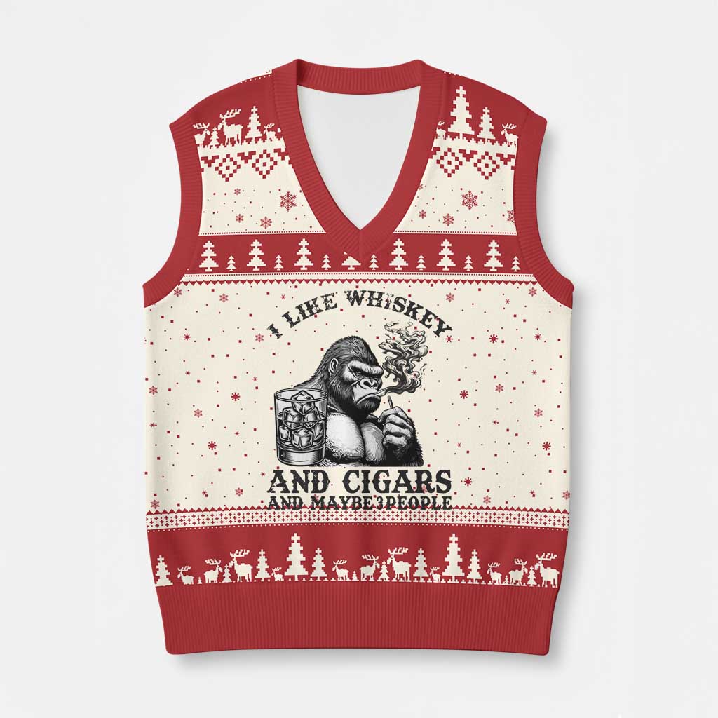 I Like Whiskey and Cigars and Maybe 3 People V-Neck Knit Sweater Vest Funny Bigfoot Drinking and Cigarette Anti-Social Humor