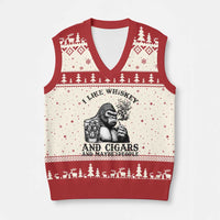 I Like Whiskey and Cigars and Maybe 3 People V-Neck Knit Sweater Vest Funny Bigfoot Drinking and Cigarette Anti-Social Humor