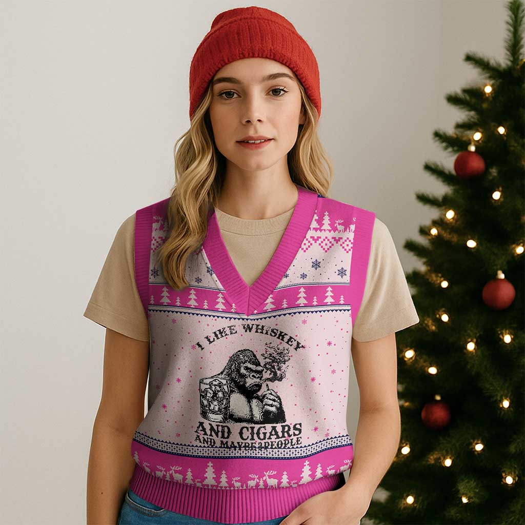 I Like Whiskey and Cigars and Maybe 3 People V-Neck Knit Sweater Vest Funny Bigfoot Drinking and Cigarette Anti-Social Humor