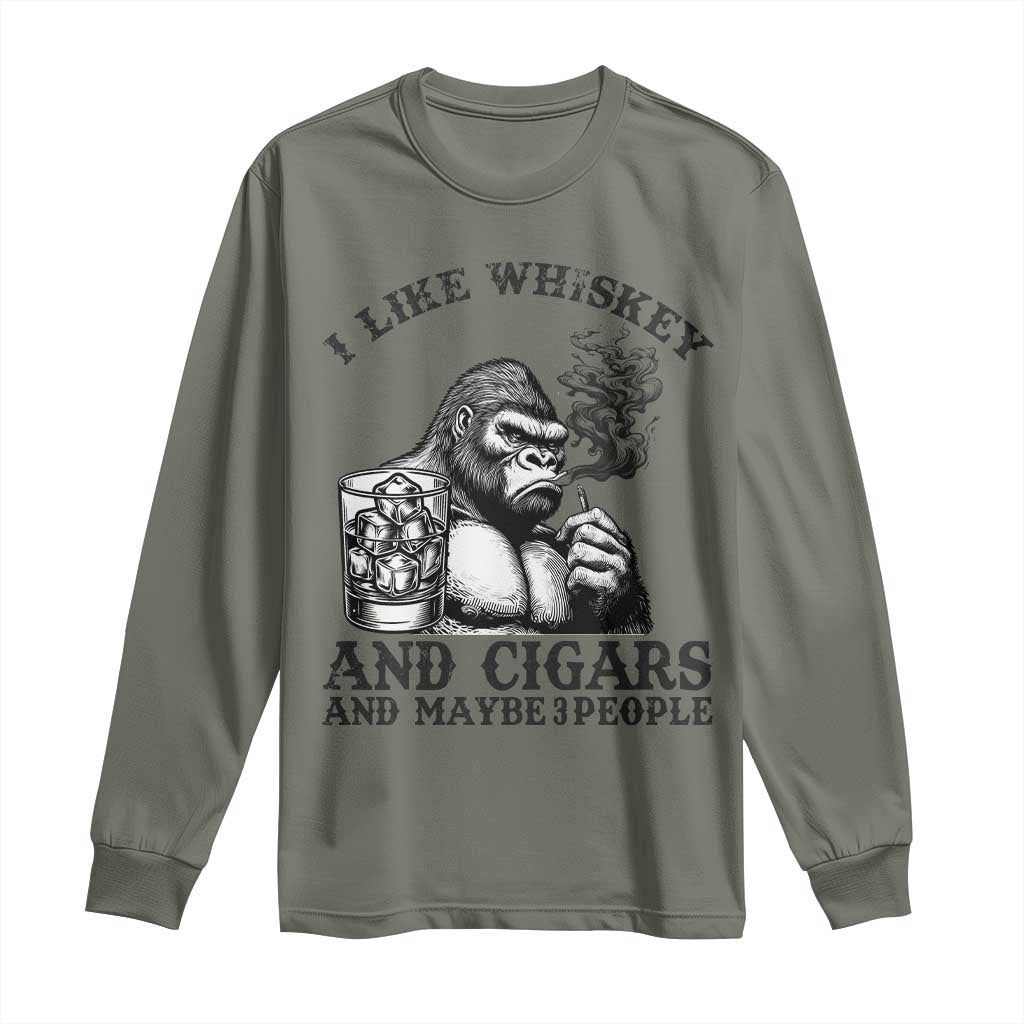 I Like Whiskey and Cigars and Maybe 3 People Long Sleeve Shirt Funny Bigfoot Drinking and Cigarette Anti-Social Humor