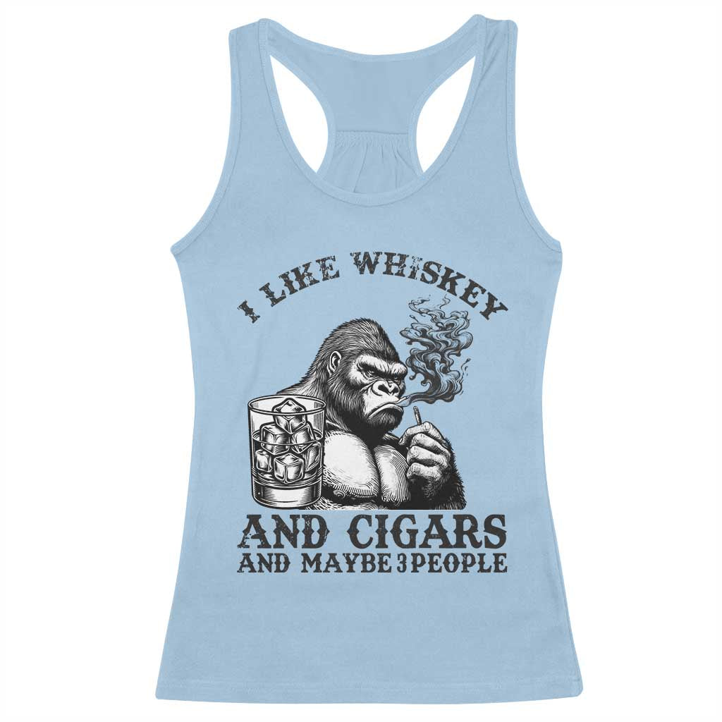 I Like Whiskey and Cigars and Maybe 3 People Racerback Tank Top Funny Bigfoot Drinking and Cigarette Anti-Social Humor
