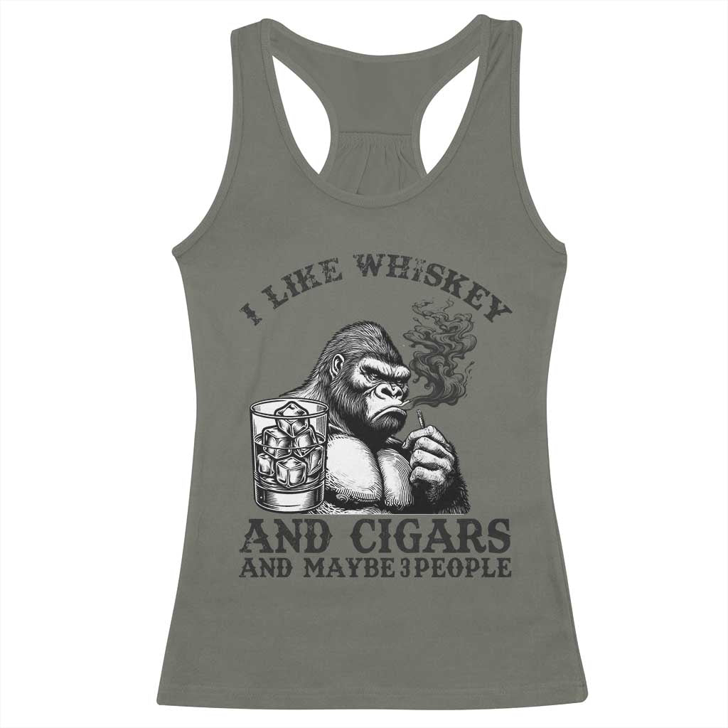 I Like Whiskey and Cigars and Maybe 3 People Racerback Tank Top Funny Bigfoot Drinking and Cigarette Anti-Social Humor