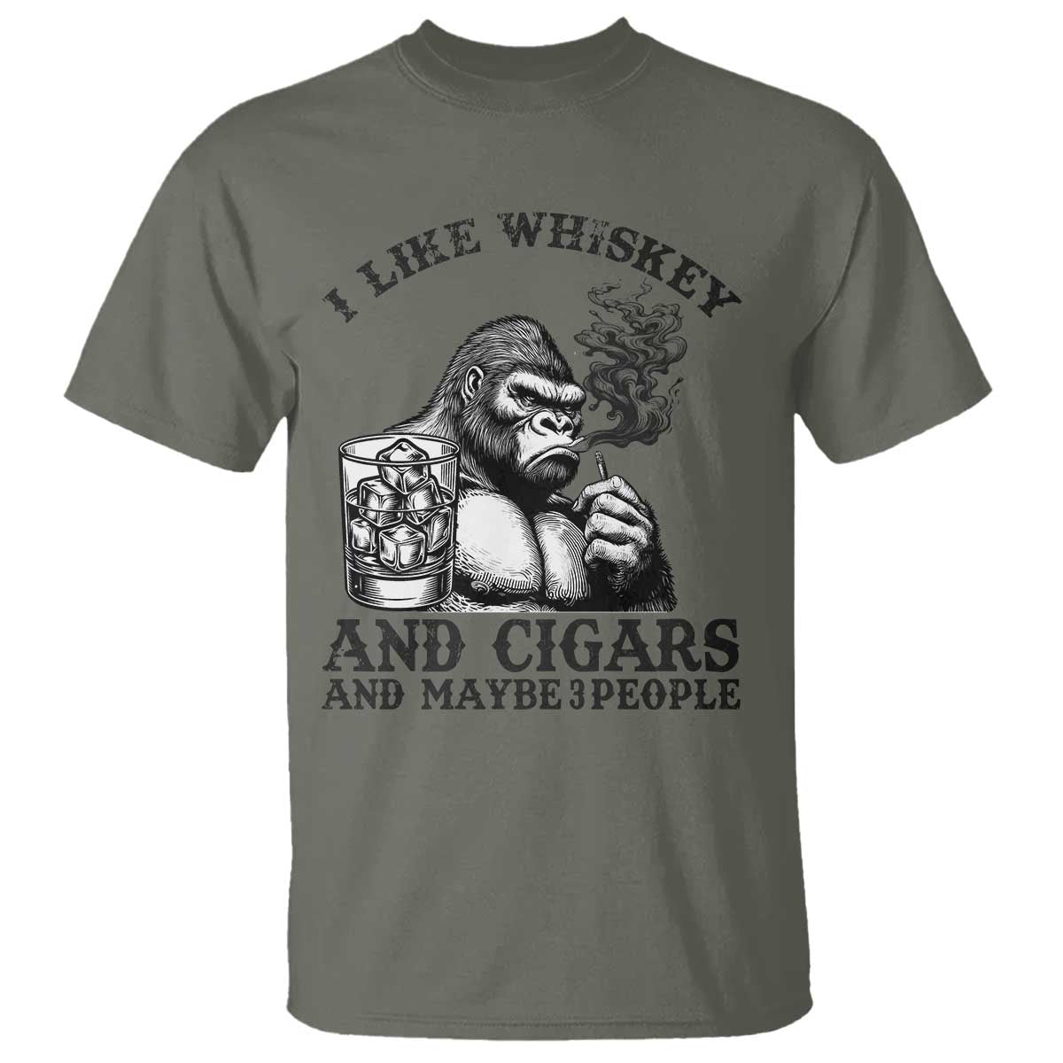 I Like Whiskey and Cigars and Maybe 3 People T Shirt Funny Bigfoot Drinking and Cigarette Anti-Social Humor