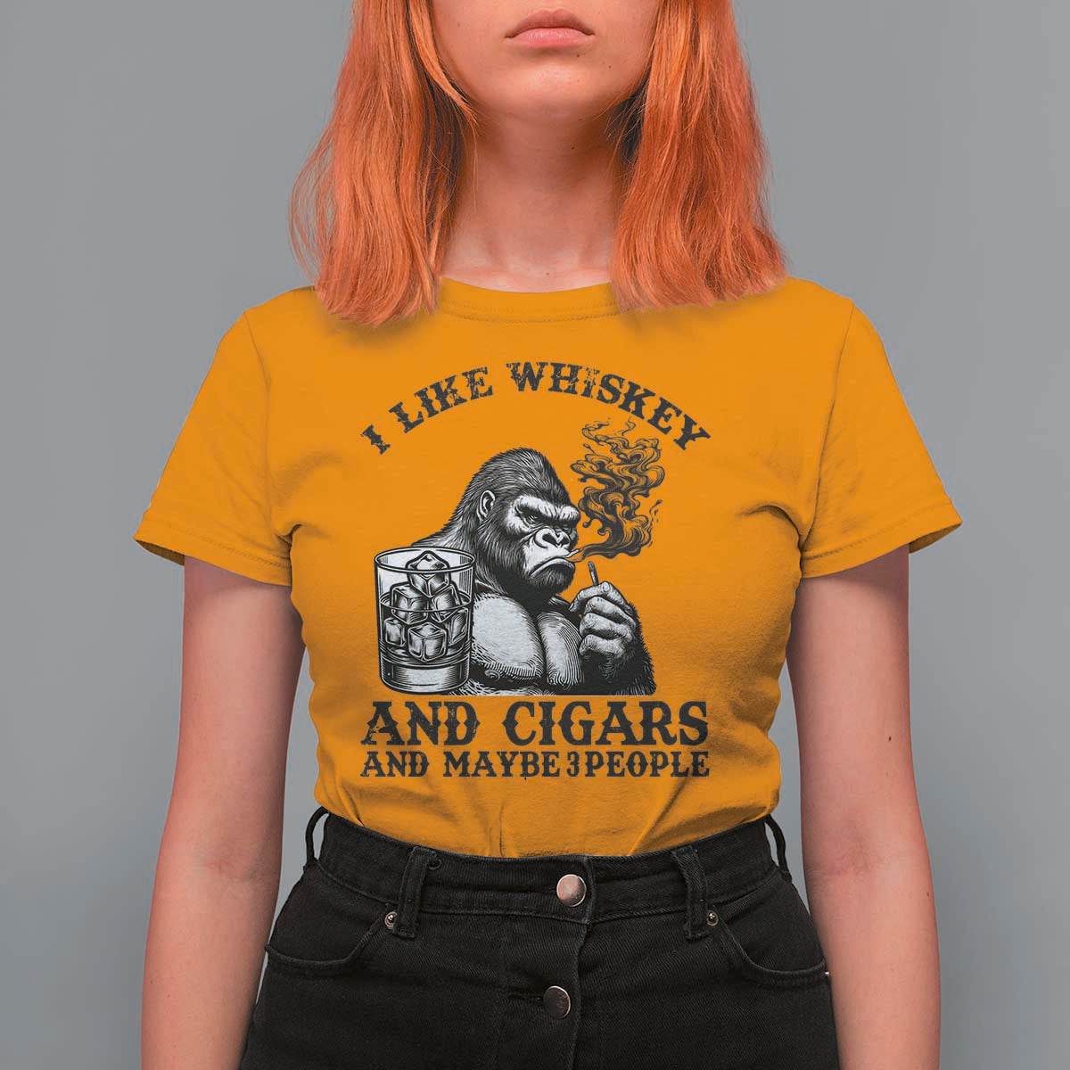 I Like Whiskey and Cigars and Maybe 3 People T Shirt For Women Funny Bigfoot Drinking and Cigarette Anti-Social Humor