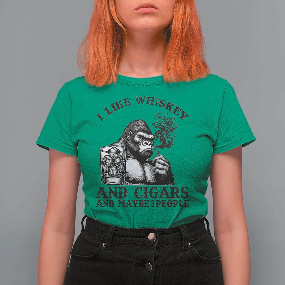 I Like Whiskey and Cigars and Maybe 3 People T Shirt For Women Funny Bigfoot Drinking and Cigarette Anti-Social Humor