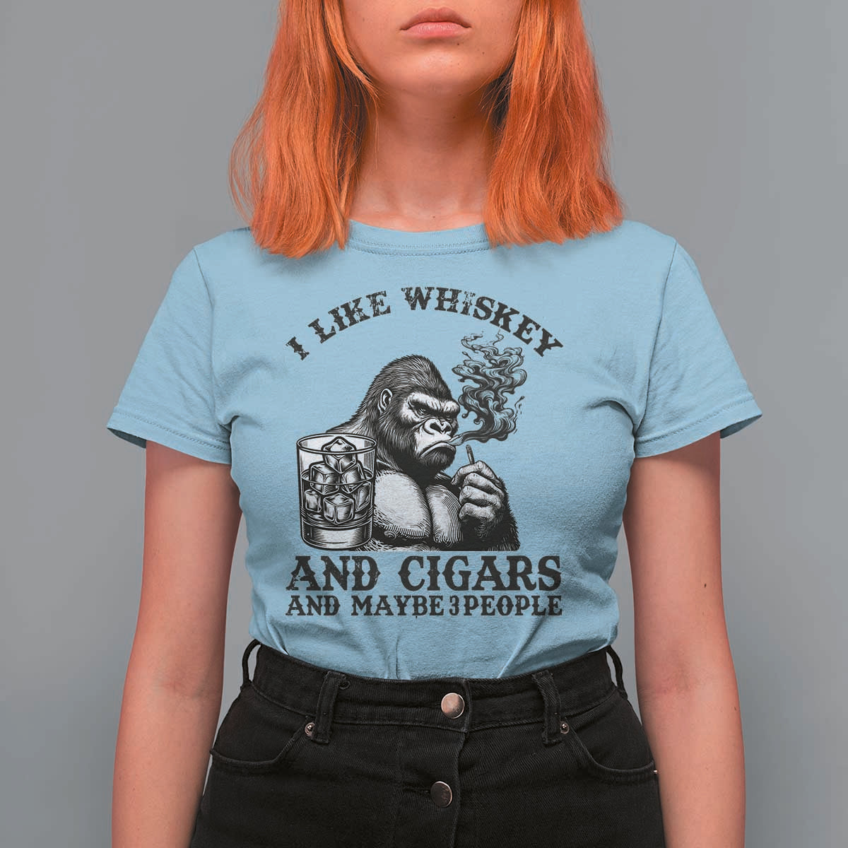I Like Whiskey and Cigars and Maybe 3 People T Shirt For Women Funny Bigfoot Drinking and Cigarette Anti-Social Humor