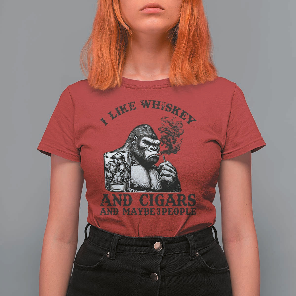 I Like Whiskey and Cigars and Maybe 3 People T Shirt For Women Funny Bigfoot Drinking and Cigarette Anti-Social Humor