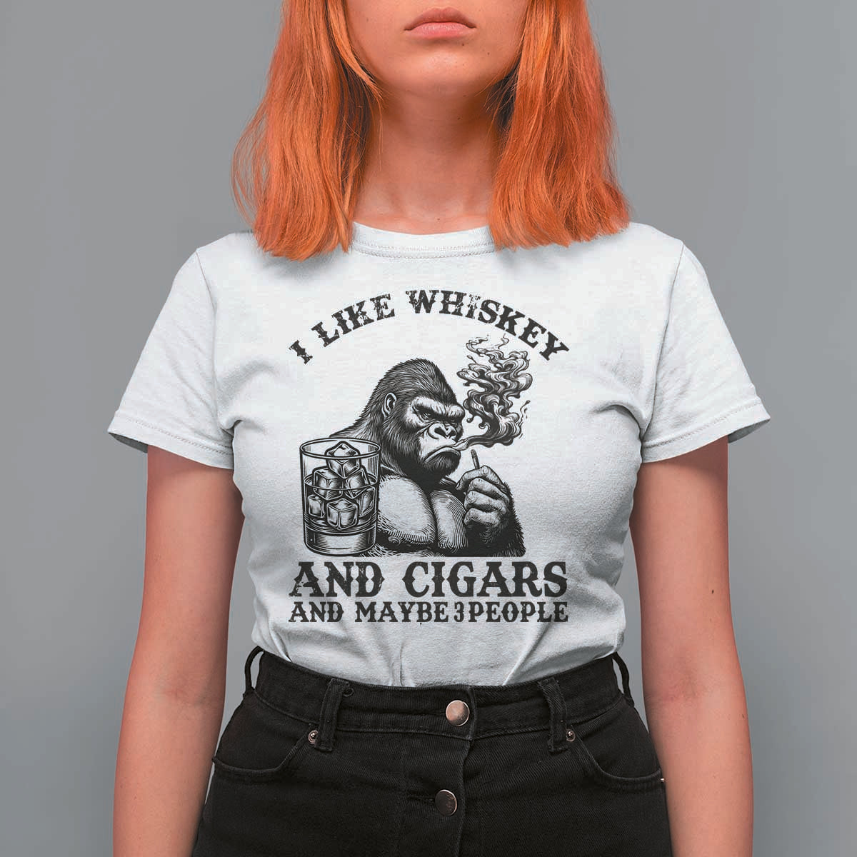 I Like Whiskey and Cigars and Maybe 3 People T Shirt For Women Funny Bigfoot Drinking and Cigarette Anti-Social Humor