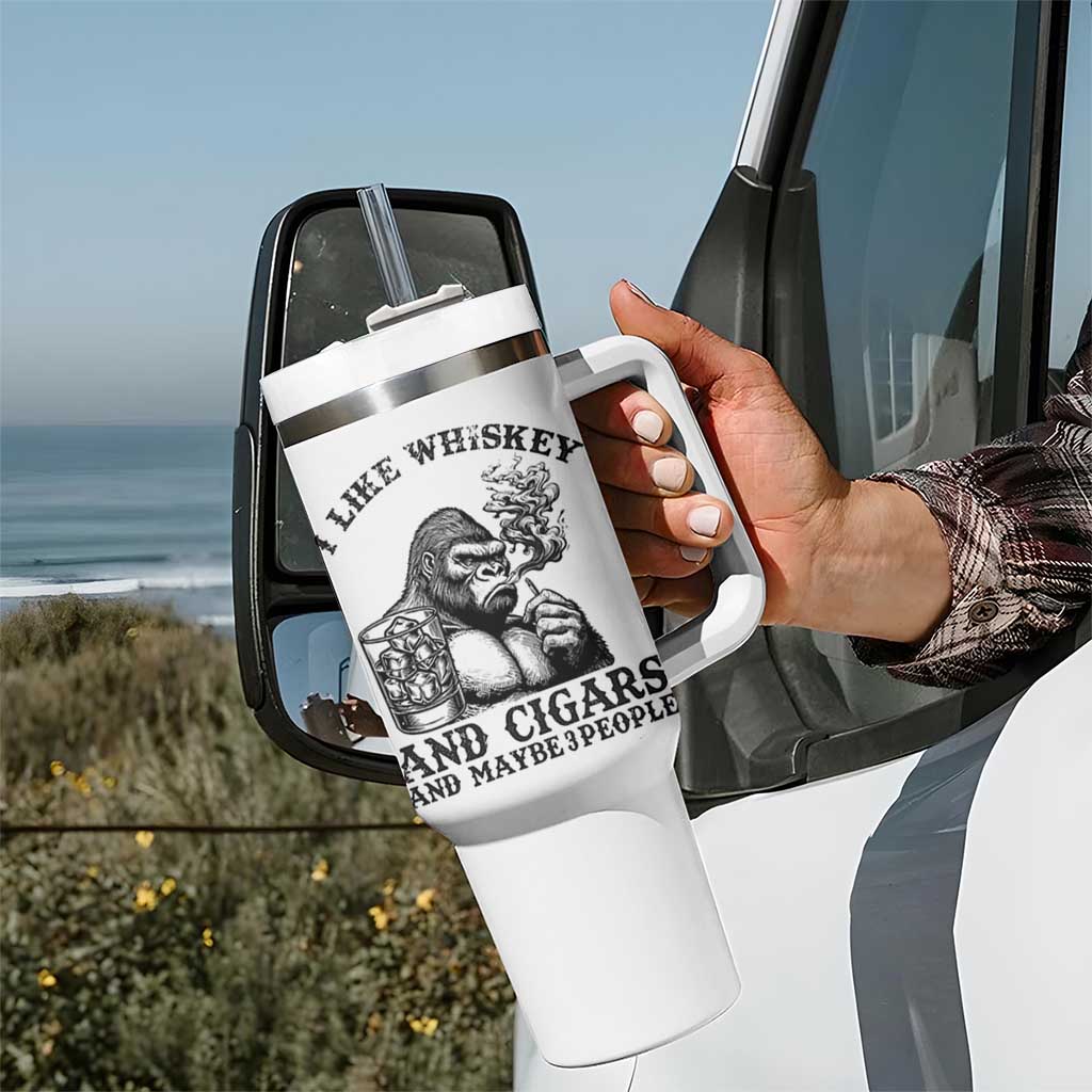 I Like Whiskey and Cigars and Maybe 3 People Tumbler With Handle Funny Bigfoot Drinking and Cigarette Anti-Social Humor